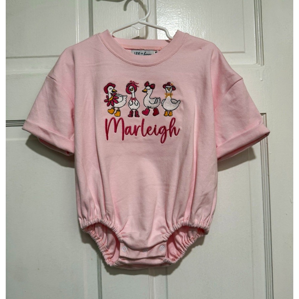 2 "Marleigh" Monogrammed Embroidered One Piece Outfits Pink Bow Goose 6-12M
